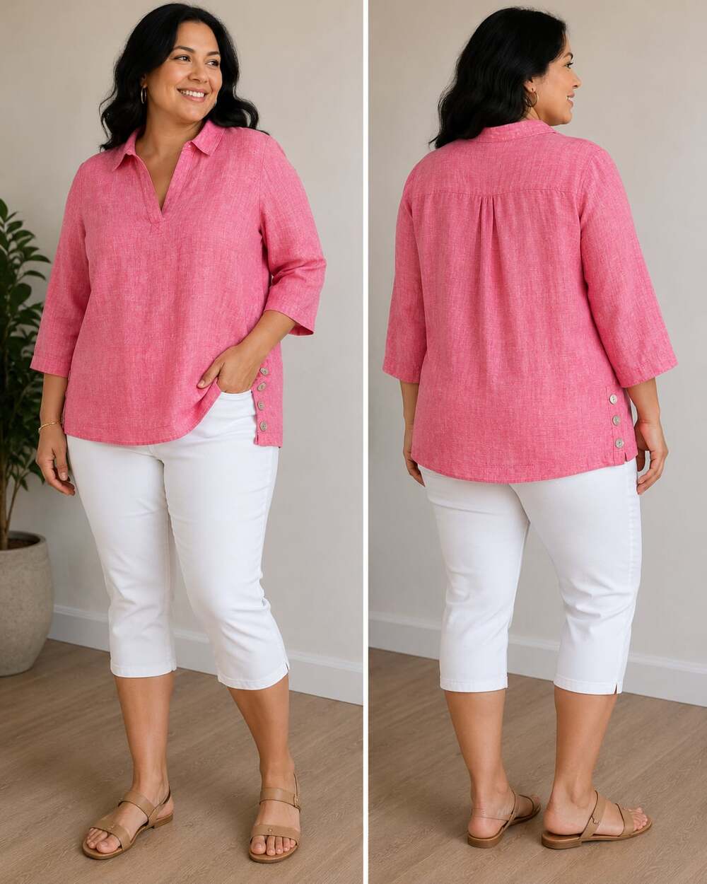 Sigrid Olsen 100% Linen V-Neck Tunic Blouse with Side Button Detail
M50JC